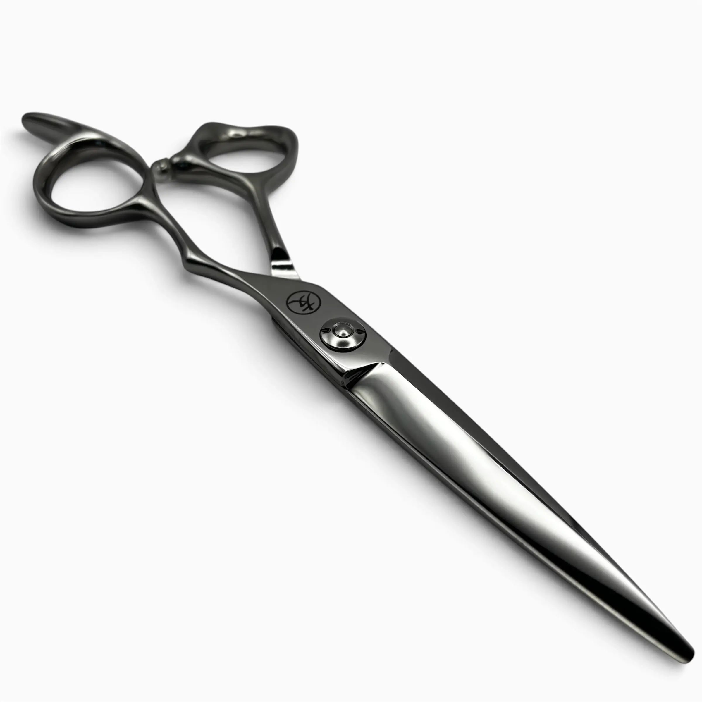 A pair silver K-5 professional hair shears shown diagonally on a light grey background.