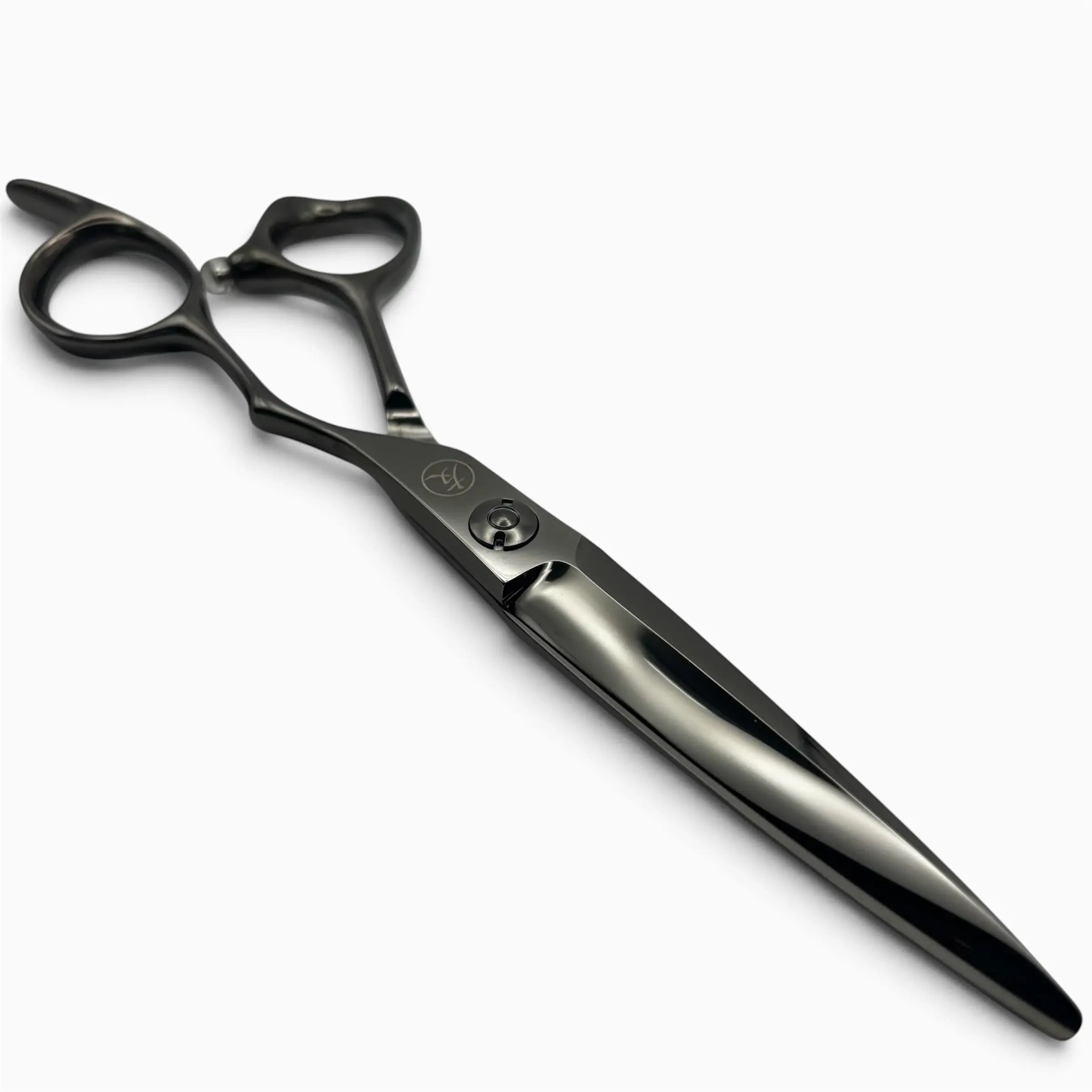 A pair of K-6 professional hair shears with a metallic grey finish with ergonomic offset handles on a clean white background.