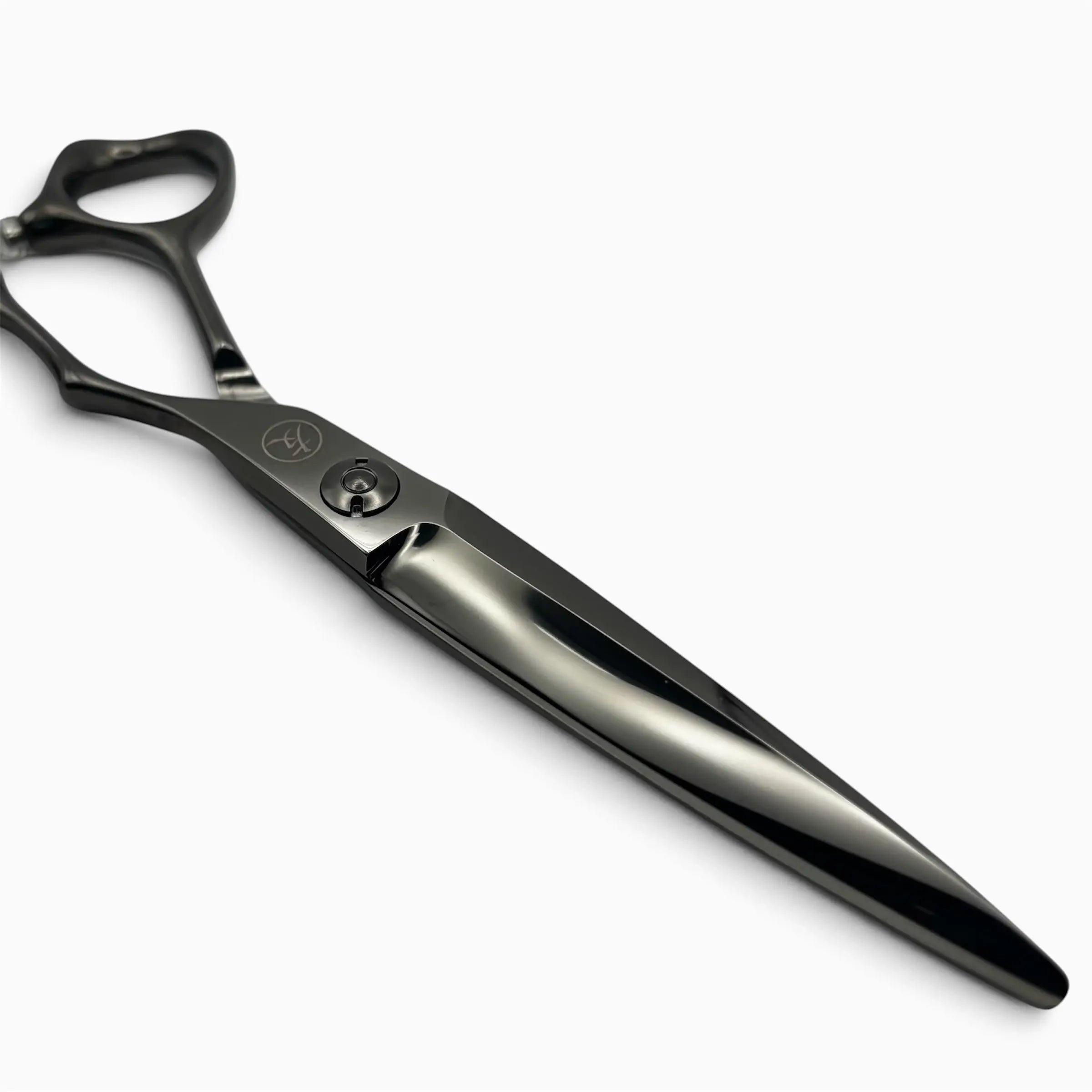 A pair of K-6 shears with a metallic grey finish with ergonomic offset handles on a clean white background.