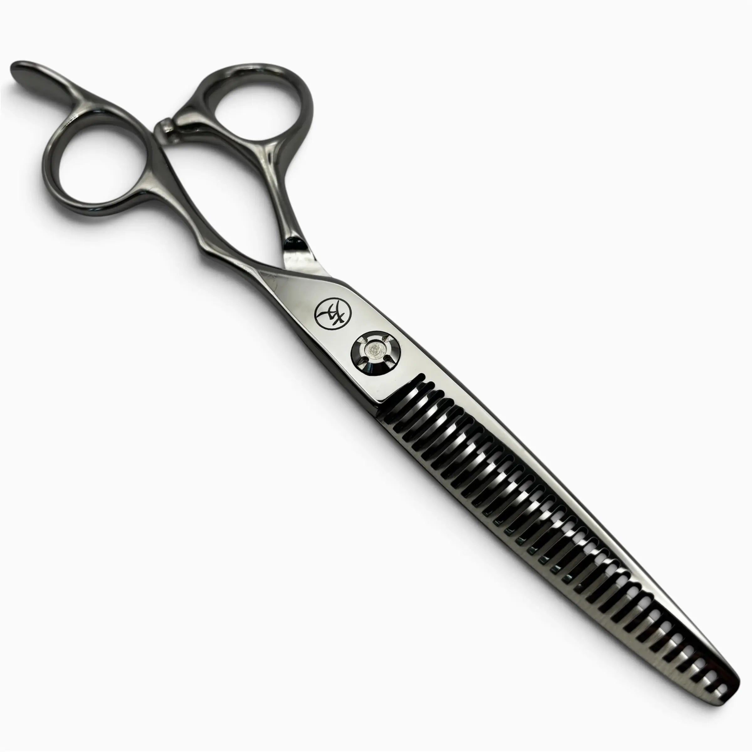 A pair of A-30F professional thinning shears with a metallic silver finish, featuring a comb blade and ergonomic finger loops, shown on a light gray background.