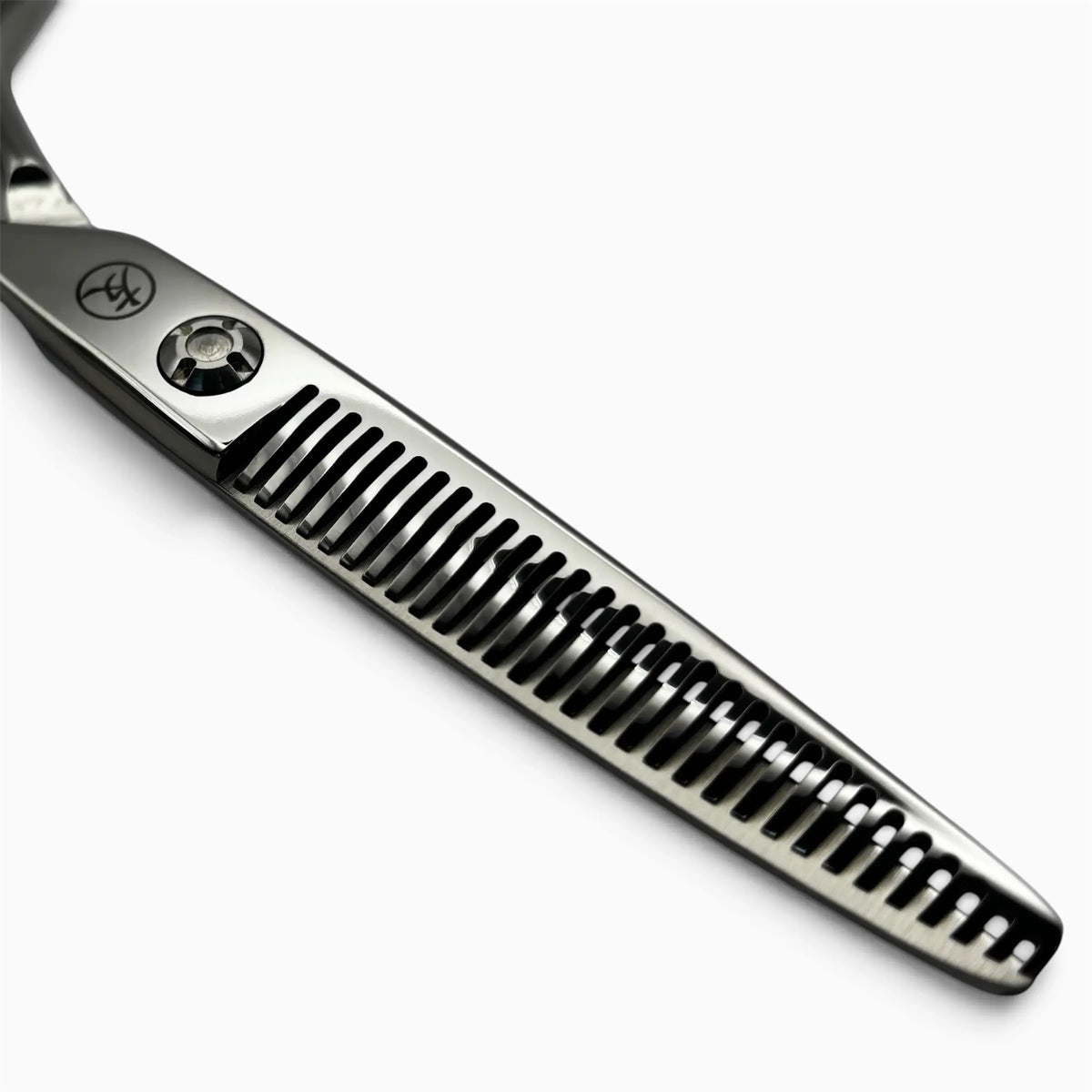 A pair A-30F with a metallic silver finish, featuring a comb blade and ergonomic finger loops, shown on a light gray background.