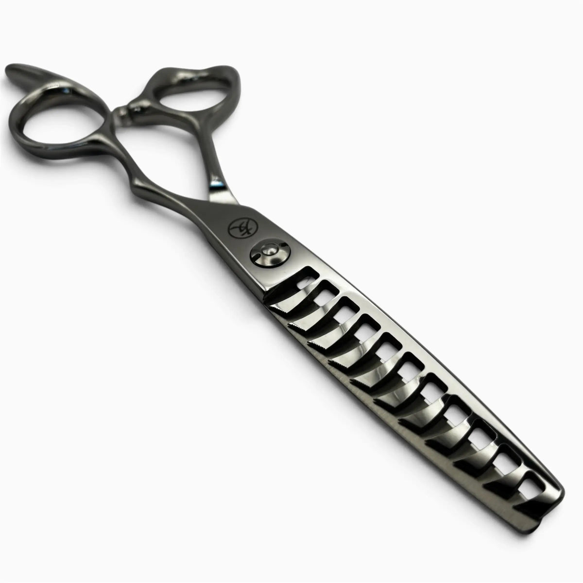 K-11W texturising scissors with 11 teeth and a sculpted offset handle, shown on a clean white background.