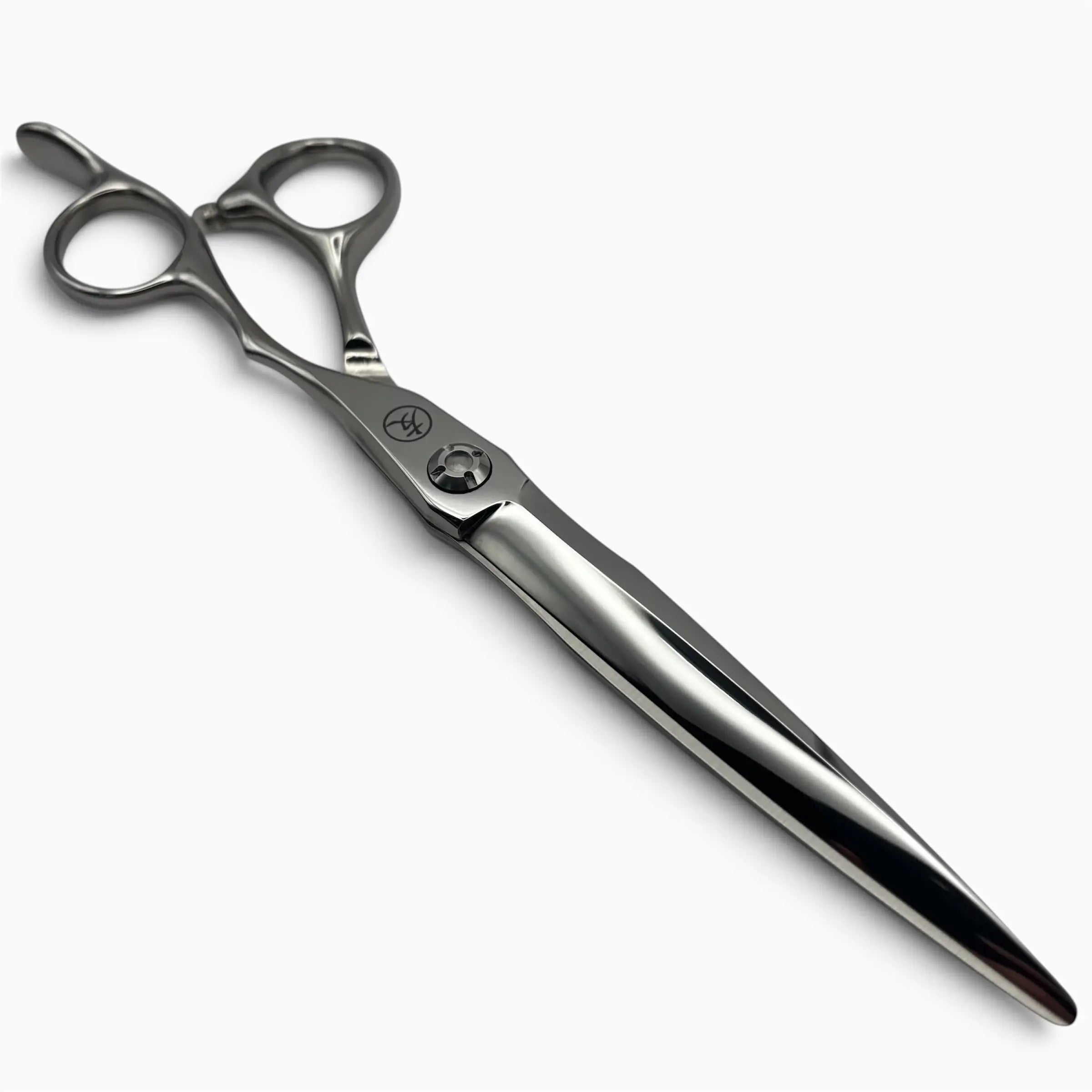 A pair of professional Katana S hair shears with a polished silver finish, shown diagonally on a clean white background.