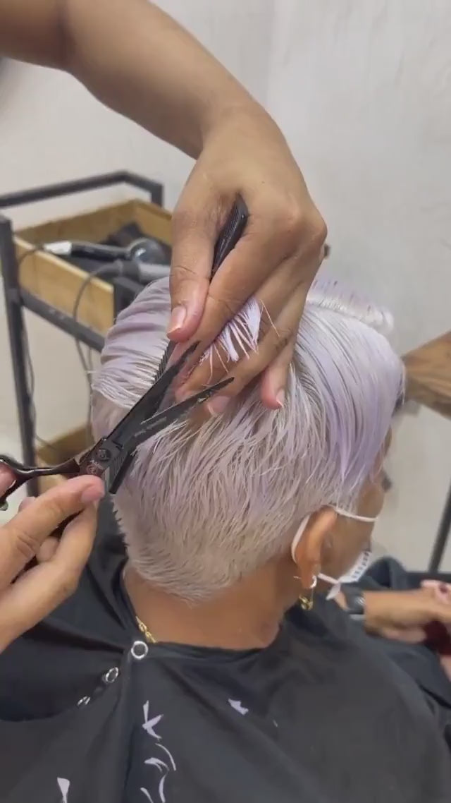 Hairdresser cutting customers hair using black Akito F-2